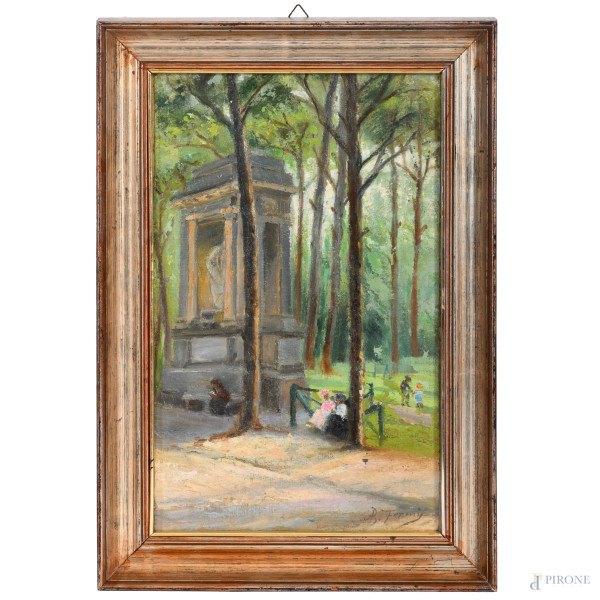 Nel parco, olio su tela applicata su cartone, cm 40x25, firmato in basso a destra, entro cornice