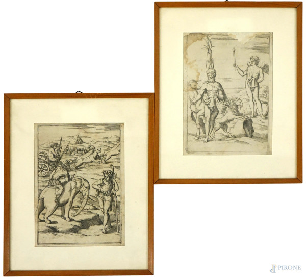 Due antiche incisioni tratte da volumi illustrati raffiguranti Bacco trionfante e le offerte a Priapo, cm 19x13 circa, entro cornici, (difetti sulla carta).