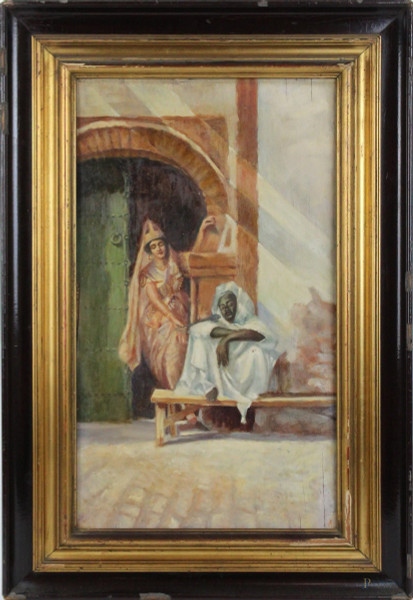 Scena orientalista, olio su tavola, cm. 52x30, fine XIX-inizi XX secolo, entro cornice