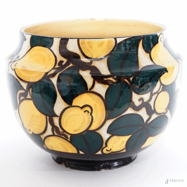 Vaso in terracotta policroma con decori rappresentanti limoni, Fenice - Albisola, anni '30, cm 20,5 (difetti)