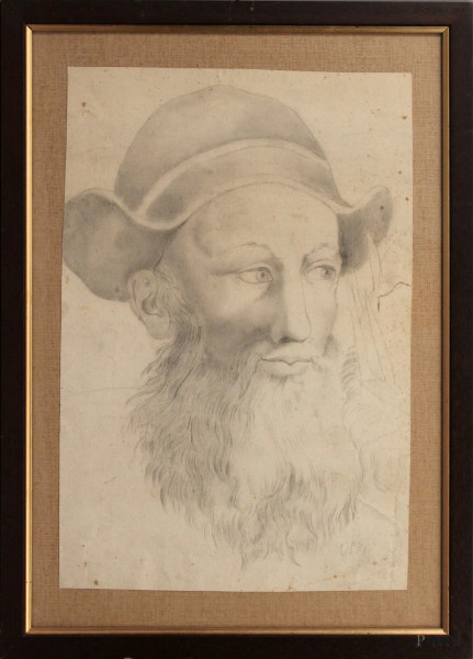 Ritratto d&#39;anziano, disegno a matita su carta, cm 43x28,5, firmato Oppi, entro cornice.