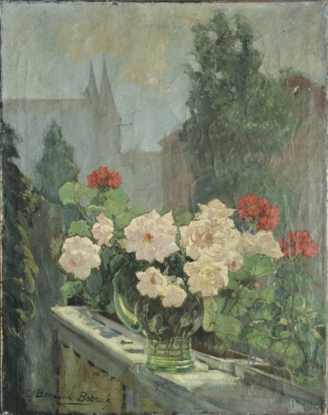 Terrazza con vaso di fiori su sfondo con case, dipinto dell&#39;800 di Scuola olandese, olio su tela, cm 63 x 80, firmato.