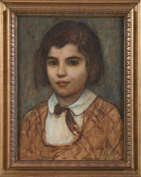 Giorgio Szoldatics, Ritratto di bambina, olio su tela, cm 39x30, firmato e datato in alto a destra, entro cornice, (lievi segni di usura, piccolo foro, ondulazioni della tela)