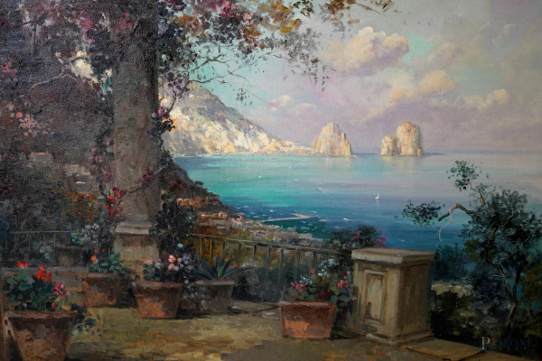 Gianni di Giuda (XX secolo). Terrazza su Capri, olio su tela, cm 46,5x66,5 entro cornice, firmato...