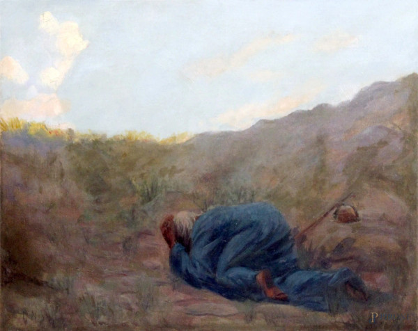 Pellegrino in preghiera, olio su tela, cm 33x41, firmato F. Naya, XIX sec.