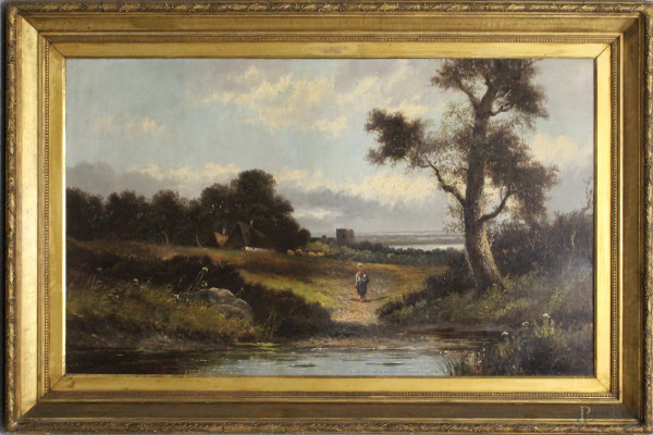 Paesaggio fluviale con figura, olio su tela,  XIX sec., cm. 75x128, entro cornice.