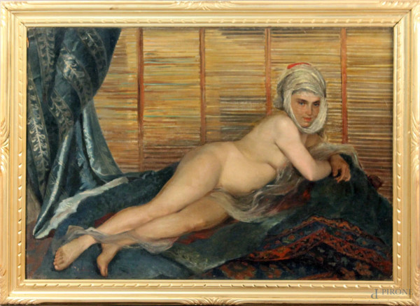 Nudo di donna sdraiata, olio su tela, 87x124 cm, entro cornice.
