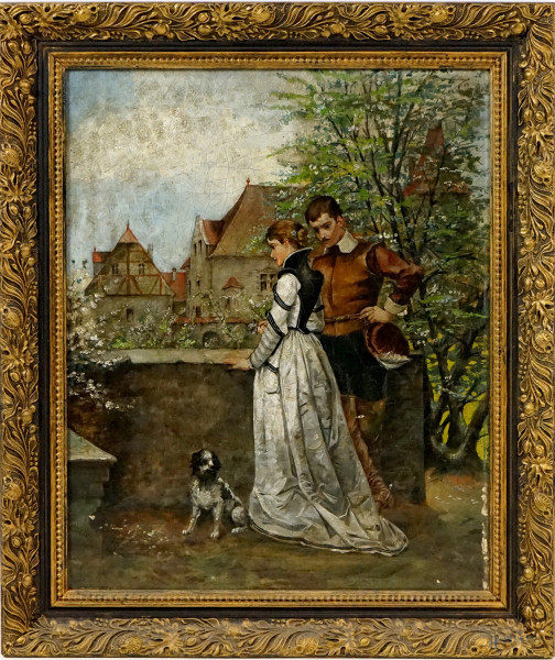 Scena galante, olio su tela, cm 51x40, fine XIX secolo, entro cornice, (lievi difetti sulla tela).