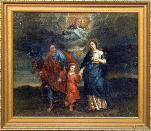 Sacra famiglia, dipinto del 600 ad olio su tela, cm 44x52, entro cornice.
