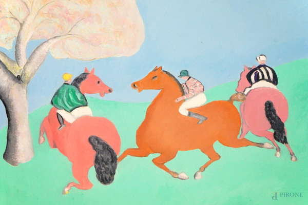 Fantini a cavallo, olio su tela, cm 100x100, firmato Cesetti.