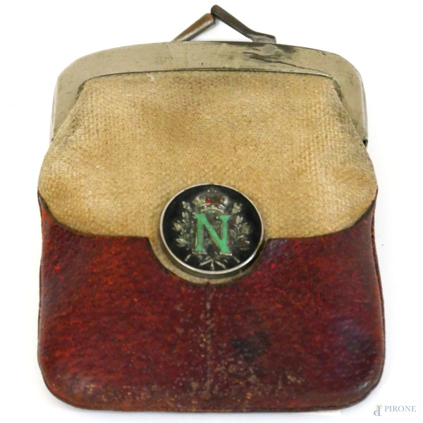 Portamonete in pelle e stoffa, con stemma napoleonico, condizioni ottime, cm 14x10