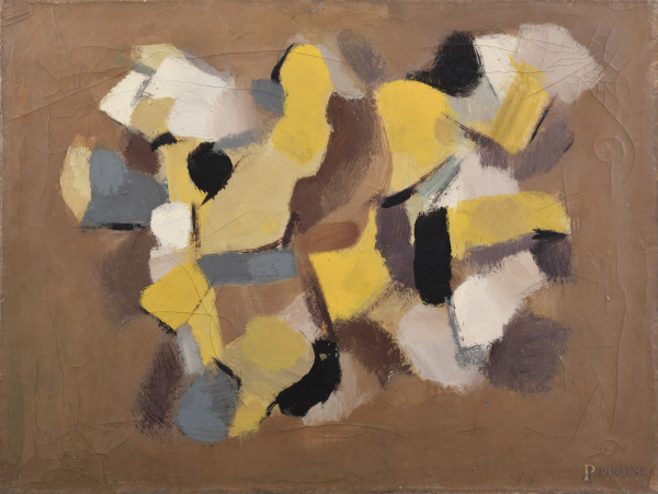 Edoardo Krumm (1916-1993), Astratto Orizzontale, tecnica mista e smalto su tela, cm 60x80, firmato al retro, entro cornice
