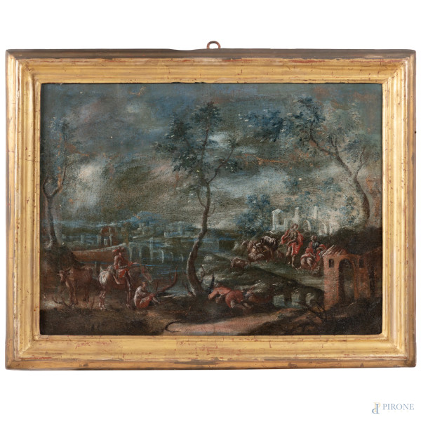 Coppia di dipinti raffiguranti scene campestri con cavalieri, XVIII secolo, olio su tela, cm 51x6...