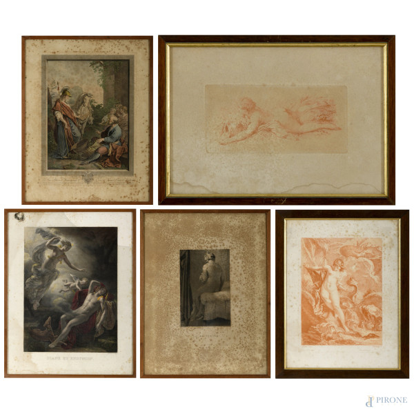 Lotto di cinque stampe, misura massima cm 49,5x54,5, entro cornice, (difetti)