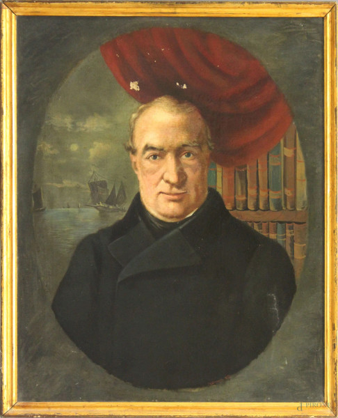 Ritratto di ammiraglio, olio su tela, 68x80 cm, scuola inglese del XIX° sec, entro cornice, (difetti sulla tela)