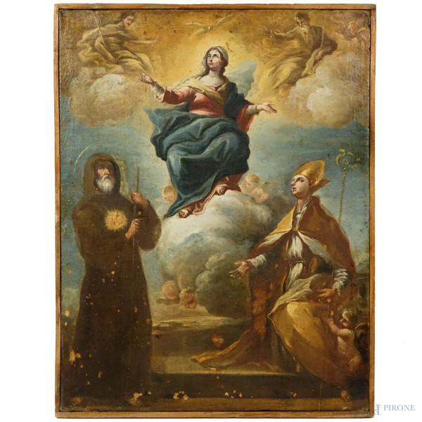 Scuola napoletana del XVIII secolo, Assunta con San Francesco da Paola e San Gennaro, olio su tela, cm 60.5 x 47