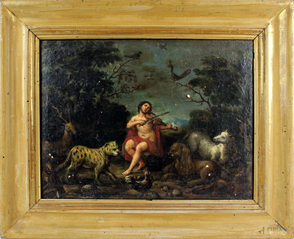 Orfeo incanta gli animali, antico dipinto ad olio su tela, cm 34x43, entro cornice, (piccole cadute di colore)