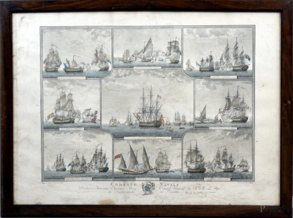 Battaglia navale, antica stampa inglese, cm 61 x 84, entro cornice.