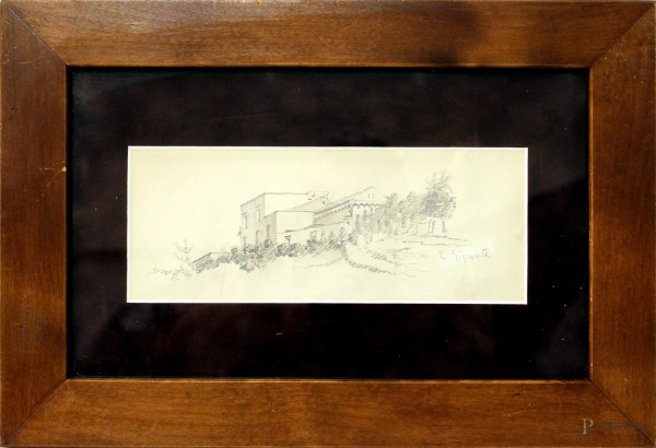 Esterno di villa, disegno a matita, cm 9x23, firmato, entro cornice.