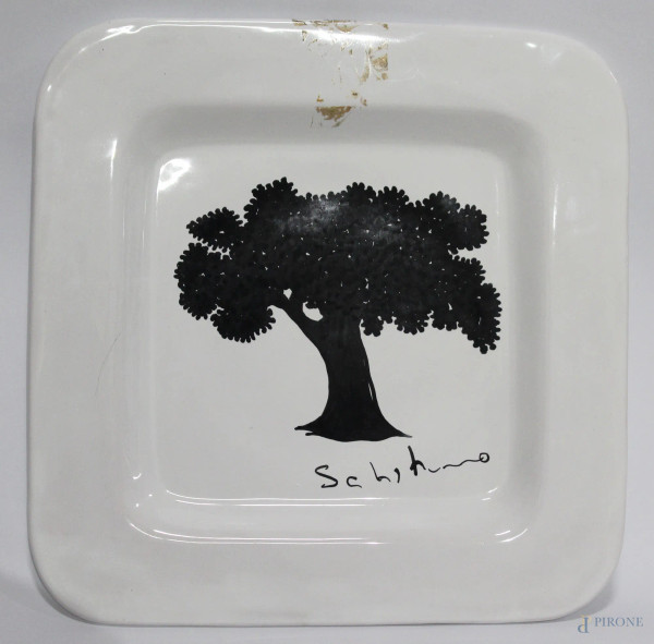Mario Schifano - Multiplo in ceramica a soggetto di albero color nero, marcato sul retro, tir.208/250, h.4x33x33