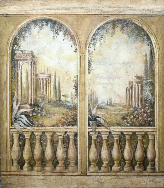 Scorcio di giardino, olio su tela, cm 111x97, XX secolo.