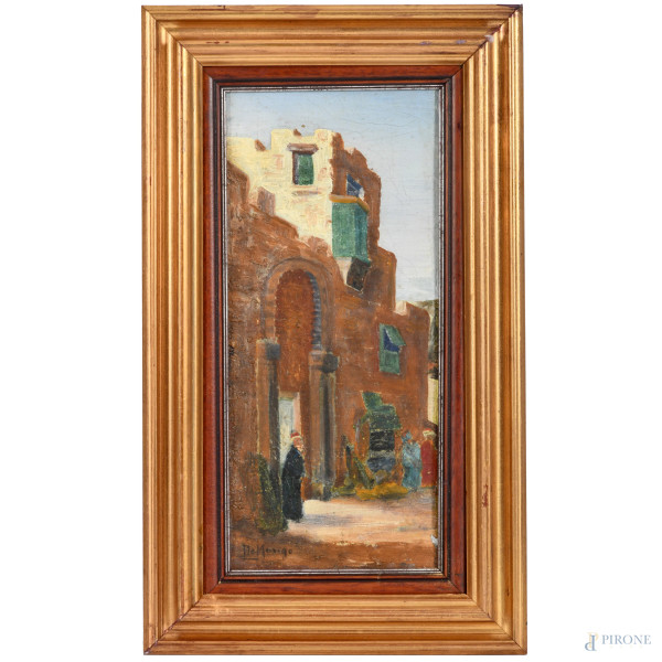 Scorcio arabo, olio su tela applicata su cartone, cm 18x40, firmato in basso a sinistra, entro cornice, (sollevamenti di colore e craquelure)
