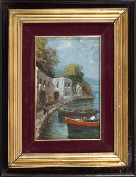 Costa con barche, XX secolo, olio su faesite, cm 40x30, entro cornice