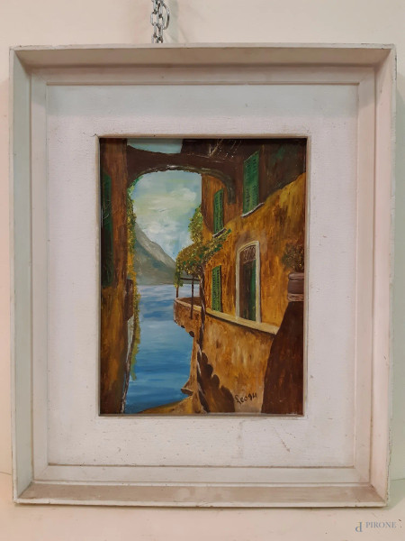 Scorcio di lago, dipinto ad olio su tela firmato e datato 30x40 in cornice.