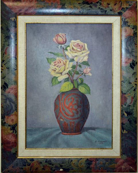Vaso con rose, olio su tavola 28x43  cm entro cornice.