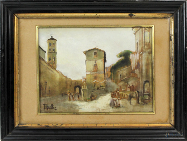 Scorcio di Via dei Penitenzieri a Roma, olio su tavola, cm 18x24, firmato, entro cornice