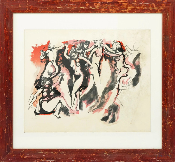 Renato Guttuso - Nudi, litografia a colori, cm 64.5x70.5, es.70/100, entro cornice, (difetti sulla carta)