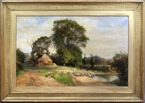 Paesaggio con pastore e gregge, olio su tela, cm. 52,5x82, firmato XIX secolo.