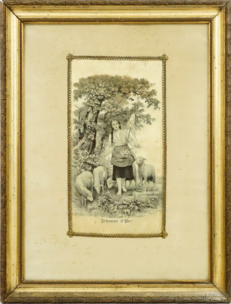 Tessuto raffigurante "Jehanne d'Arc" da F. Lematte (1850-1929), cm 33,5x18, entro cornice, (macchie)