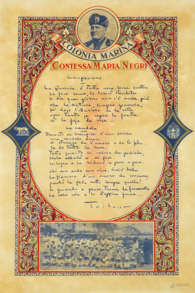 Colonia Marina - Contessa Maria Negri, "Companione", poesia firmata Trilussa, cm 35x23,5, (segni del tempo).