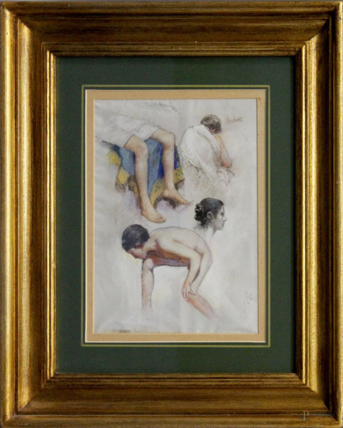 Studio di figure, tecnica mista su carta, firmato Michetti, cm 34 x 26, entro cornice.