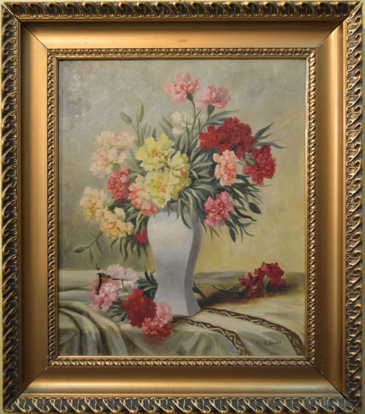 Natura morta, vaso con fiori, olio su tela 49x72 cm, entro cornice,firmato, XIX sec. (difetti)