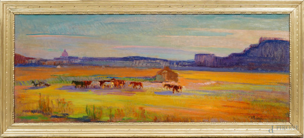 Campagna romana con armenti, olio su cartone telato, firmato, cm 45,5x115, entro cornice