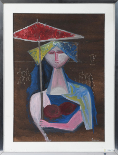 Bruno Caruso (1927-2018), Figura femminile, acrilico su tela, cm 70x50, firmato in basso a destra, entro cornice