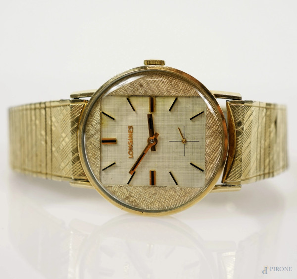 Longines, orologio da polso unisex, Anni '60, quadrante circolare 10 k goldfilled, cinturino in acciaio, lunghezza cm 23, (difetti, segni di utilizzo, funzionante)