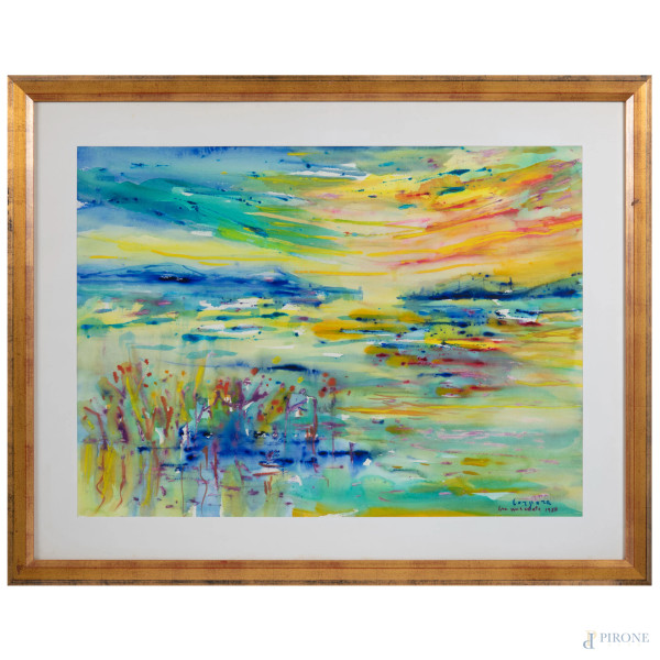 Antonio Corpora (1909-2004), Era una estate, tecnica mista su carta, cm 68x88 compreso passepartout , firmato, titolato e datato "1988" in basso a destra, entro cornice