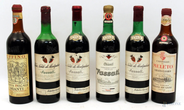 Lotto composto da sei bottiglie di vino diverse.