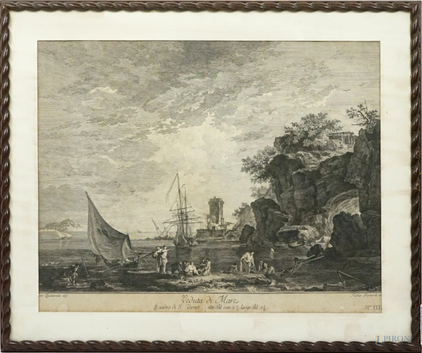 Veduta di mare, acquaforte, cm 38x48, incisore Fabio Berardi (1728-1788), disegnatore Francesco Zuccarelli (1702-1778), inventore Joseph Vernet Claude (1714-1789), entro cornice (difetti)
