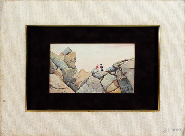 Paesaggio roccioso con figure, acquarello su carta, cm. 11x18,5, firmato F. Petiti.