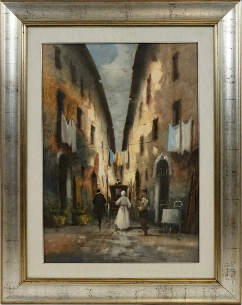 Guido Borelli - Scorcio di borgo, olio su tela, cm 70x50, entro cornice.