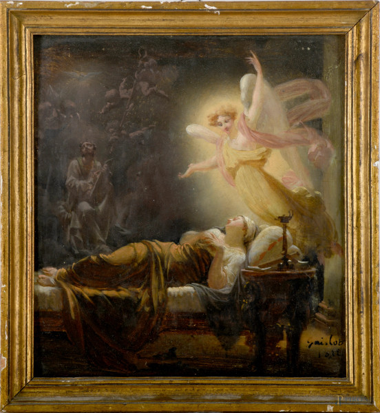 Estasi mistica, olio su tavola, cm 25,5x23, fine del XIX secolo, (difetti)