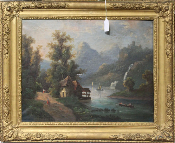 Coppia paesaggi fluviali con barche e figure, olio su tela 37x46 cm, Francia XIX sec, entro cornici.