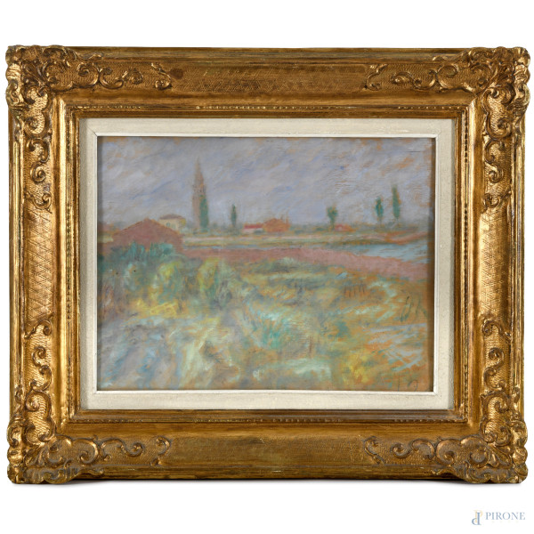 Paesaggio, tempera su compensato, XX secolo, cm 36,5x49 entro cornice