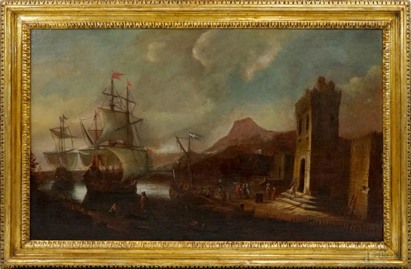 Pittore della fine del XVIII secolo, Marina con imbarcazioni mercantili, olio su tela, cm 71x120, entro cornice.