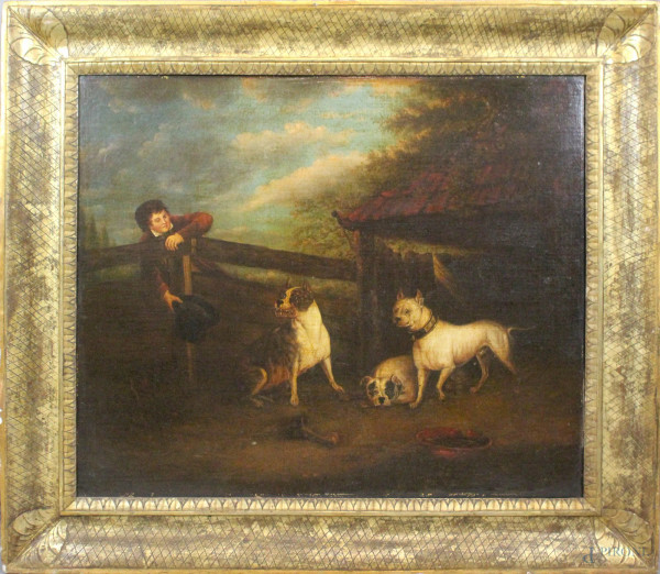 Scuola inglese della seconda met&#224; del XVIII secolo, Ragazzo con cani, olio su tela, cm. 63,5x76, entro cornice a guantiera coeva.