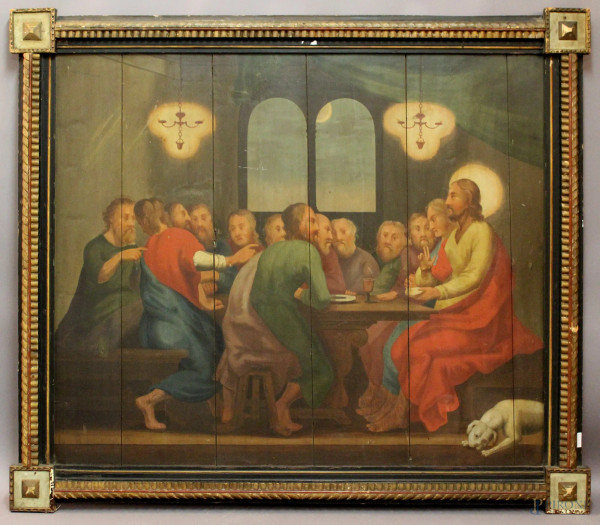 Ultima cena, olio su tavola, XIX sec., cm 105 x 125, entro cornice.